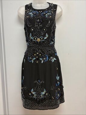 Needle & Thread Midnight Crystal Mini Dress Black Blue Floral Beaded 8